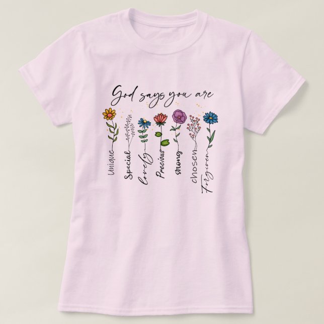 Dios dice que eres una camiseta de mujeres cristia (Diseño del anverso)