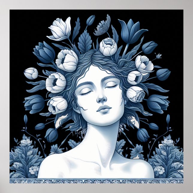 Diosa Floral - Elegante Arte Botánico Azul (Frente)