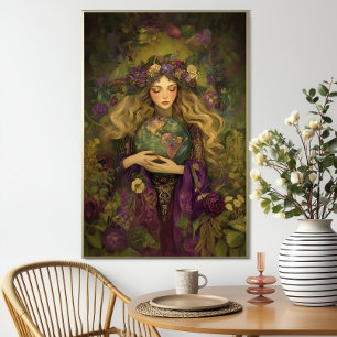 Diosa Gaia Arte Floral Verde Púrpura Madre Tierra