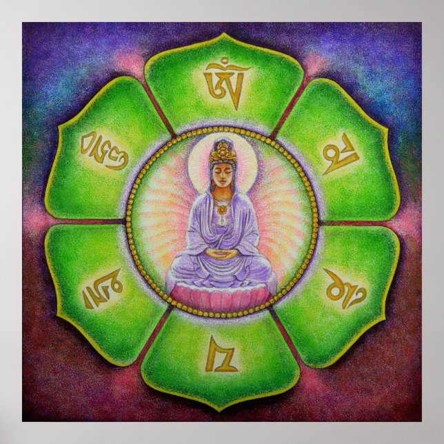 Diosa Kuan Yin Poster de arte "Om Mani Padme Hum" (Frente)