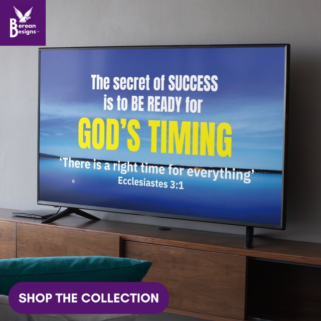 DIOS'S TIMING Eccl 3v1 Arte de marco cristiano par (Christian GOD'S TIMING and inspirational Disraeli success quote art for display TV  and Bible text)