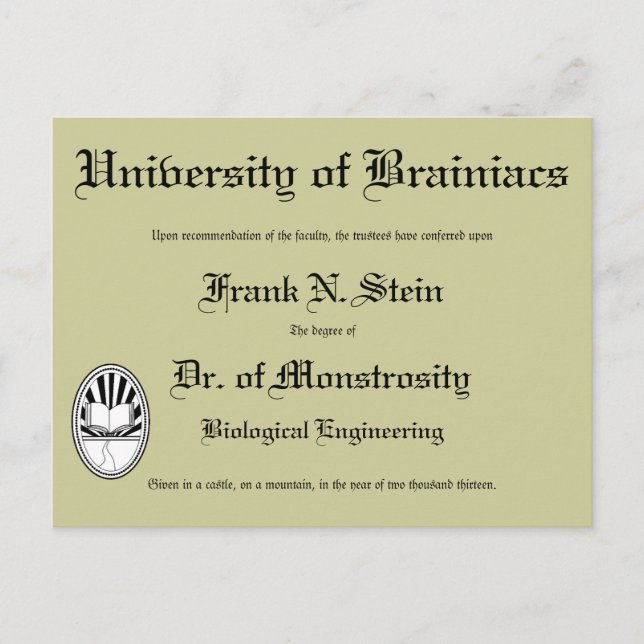 Diploma de Dr. Frankenstein, postal (Anverso)