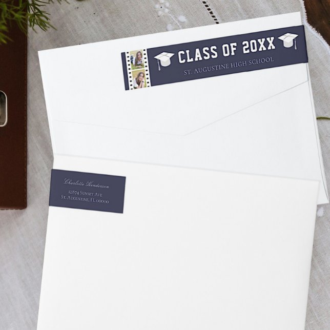 Dirección de graduación de Collage de fotos de tir (Blue Filmstrip Photo Collage Graduation Wrap Around Address Label)