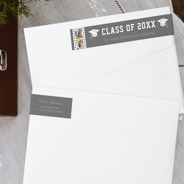 Dirección de graduación de Collage de fotos de tir (Gray Filmstrip Photo Collage Graduation Wrap Around Address Label)
