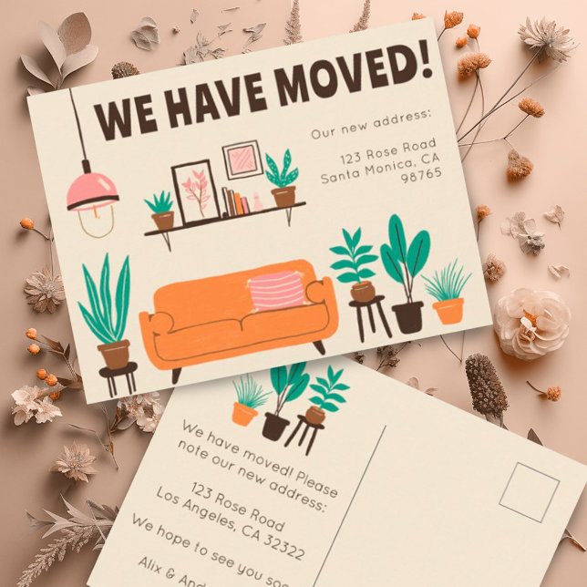 Dirección de Invitación en movimiento Sala de esta (Customize this cute modern moving announcement postcard w your own details. Livingroom illustration)