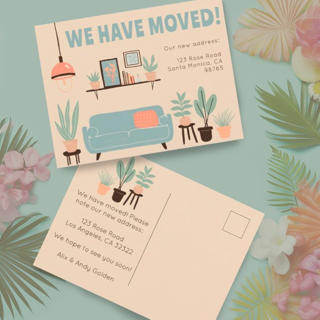 Dirección de Invitación en movimiento Sala de esta (Custom change of address postcard. Add your own details. Cute modern living room scene.)