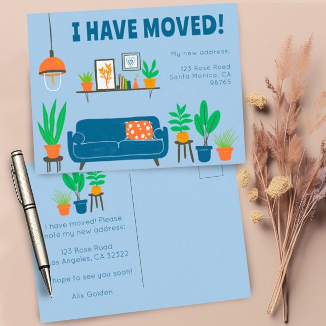 Dirección de Invitación en movimiento Sala de esta (Sweet custom moving announcement postcards with living room illustration)