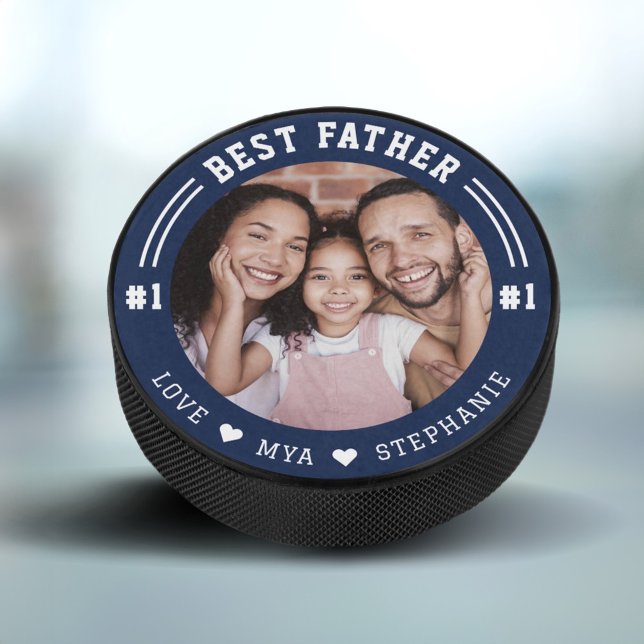 Disco De Hockey #1 Mejor foto de padre Keepsake Personalizado foto (#1 Best Father Photo Keepsake Custom Photo & Names Navy Blue Hockey Puck)