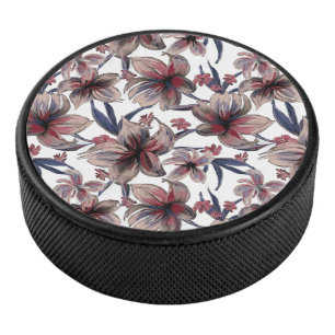 Disco De Hockey Acuarela Crimson Floral sobre blanco