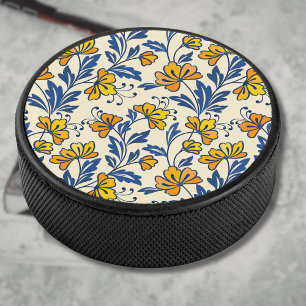 Disco De Hockey Amarillo Naranja Floral Folclórico Azul Hoja Vinta
