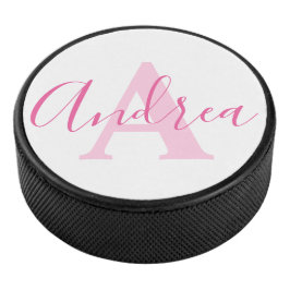 Disco De Hockey Andrea monograma texto rosa nombre personalizado i