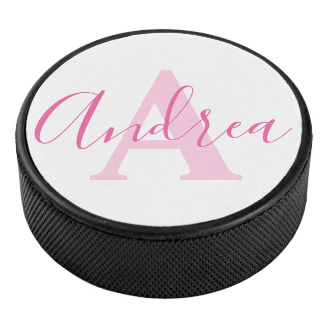 Disco De Hockey Andrea monograma texto rosa nombre personalizado i (3/4)