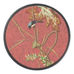 Disco De Hockey Arte de Loto de Pájaro Japonés Rojo Antiguo G.A. A