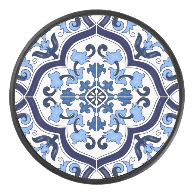 Disco De Hockey Azul Ornate Floral Mediterráneo Tile Siciliano (Anverso)