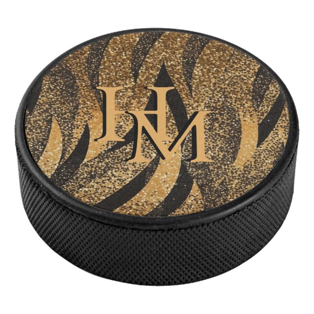 Disco De Hockey Black Gold Glitter Tiger Pattern Initials (3/4)