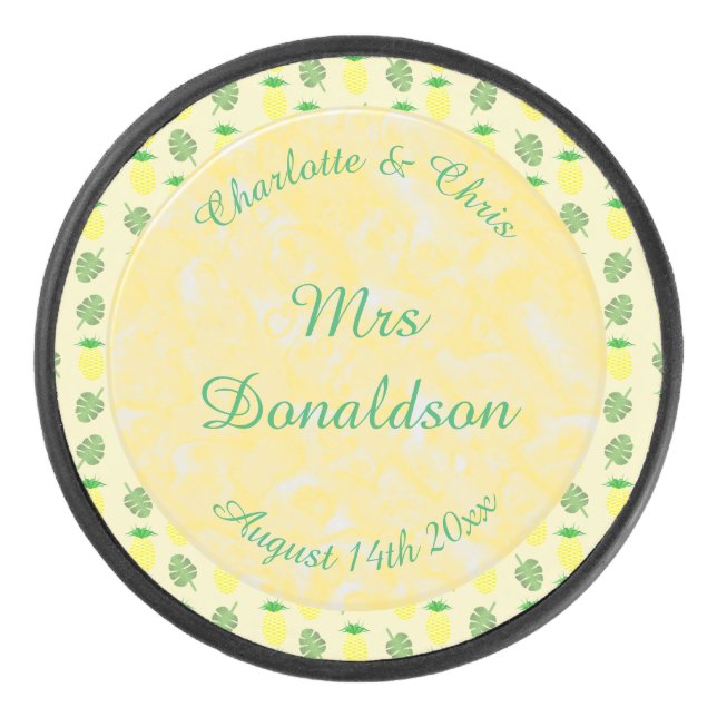 Disco De Hockey Boda de verano tropical Piña y hojas de palmera (Anverso)