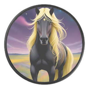 Disco De Hockey Caballo negro majestuoso con melena dorada fluida