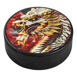 Disco De Hockey Cabeza dorada del dragón respirando fuego