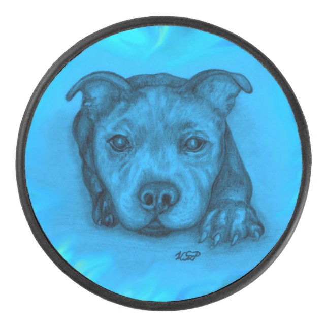 Disco De Hockey Cachorro Staffy Azul (Anverso)