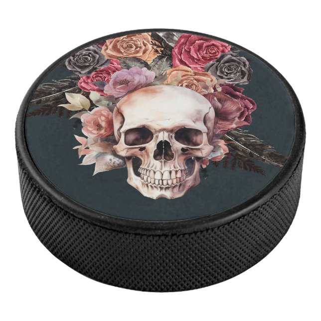 Disco De Hockey Calavera floral negra (3/4)