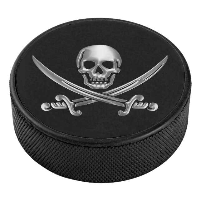 Disco De Hockey Calavera plateada y espadas cruzadas (3/4)