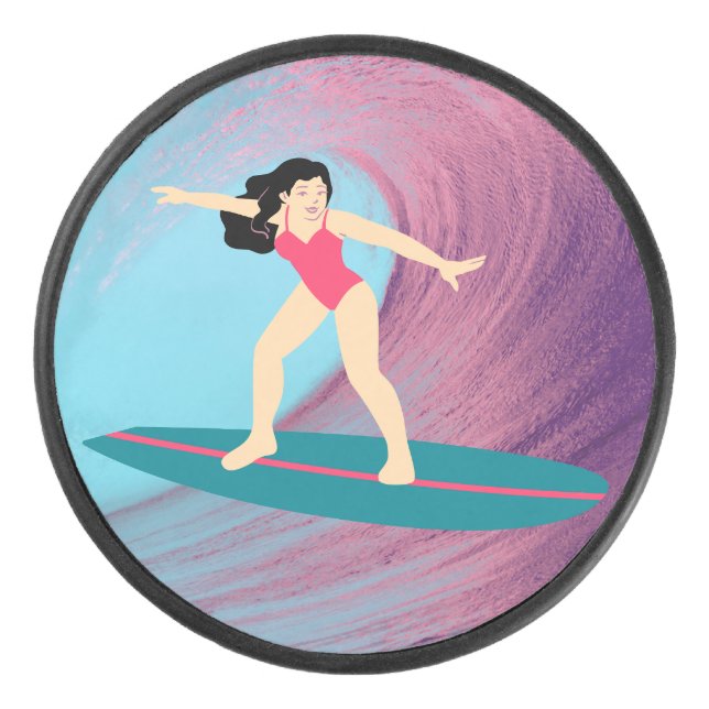 Disco De Hockey Chica surfeando al atardecer. (Anverso)