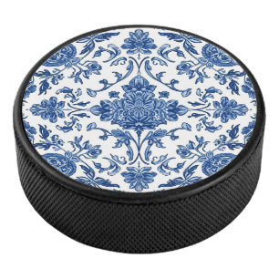Disco De Hockey Chinoisería Floral Azul Acuarela Blanca