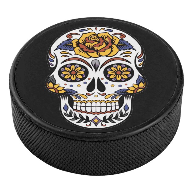 Disco De Hockey Cráneo de azúcar rosa amarillo en negro (3/4)