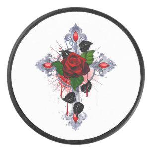 Disco De Hockey Cruz de Plata con una Rosa Roja