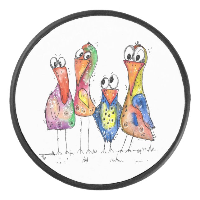 Disco De Hockey Cuatro pájaros alegres y coloridos (Anverso)