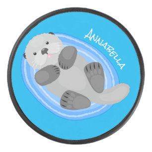 Disco De Hockey Cuidada y feliz nutria azul personalizado ilustrac