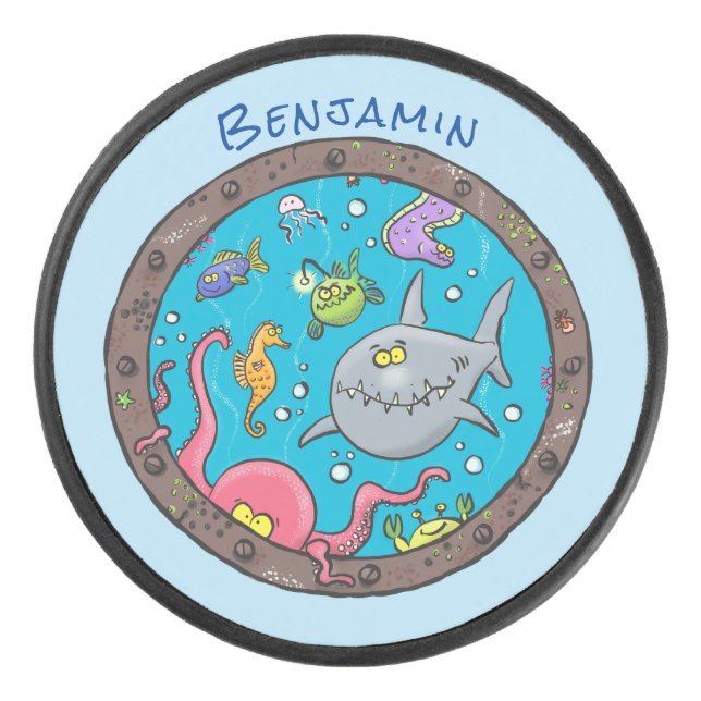 Disco De Hockey Curiosas criaturas marinas bajo el agua dibujando  (Anverso)