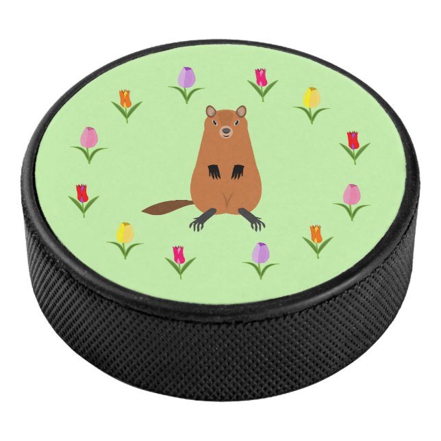 Disco De Hockey Cute Groundhog y Tulip Flowers (3/4)