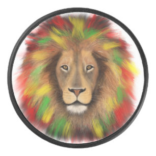 Disco De Hockey Dibujo de cabeza de león Rasta rojo amarillo verde