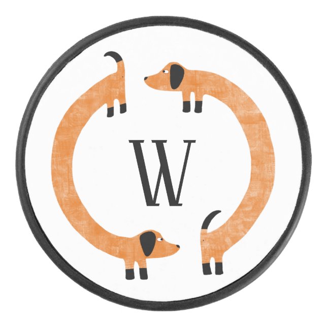 Disco De Hockey Divertido Monograma de perros Dachshund Sausage (Anverso)