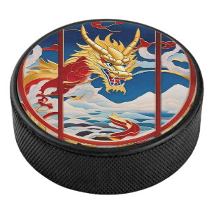 Disco De Hockey Dragón respirador de fuego oro y rojo