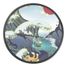 Disco De Hockey Dragón Verde Personalizado Onda Azul Sol Rojo