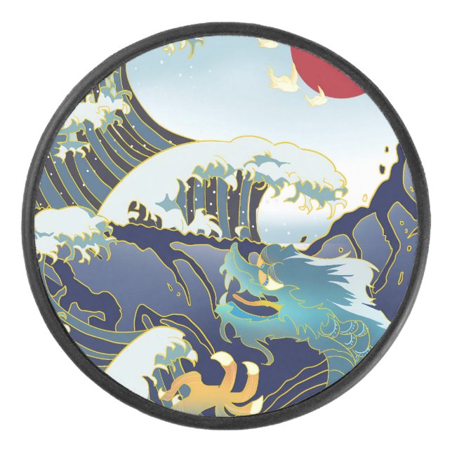 Disco De Hockey Dragón Verde Personalizado Onda Azul Sol Rojo (Anverso)