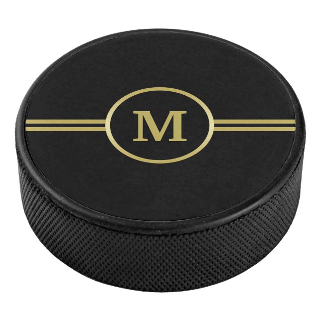 Disco De Hockey Elegante oro Monograma personalizado sobre negro (3/4)