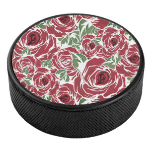 Disco De Hockey Elegante patrón de Rosa Vintage - Floral roja y ve