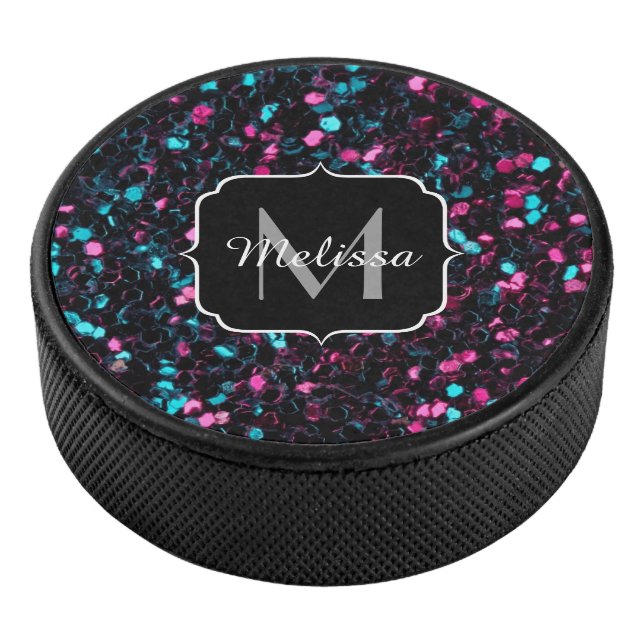 Disco De Hockey Espumoso purpurina de mosaico azul rosa brillante  (3/4)