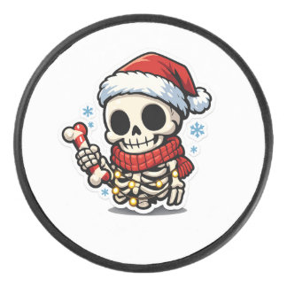 Disco De Hockey Esqueleto de Navidad lindo sosteniendo un bastón d