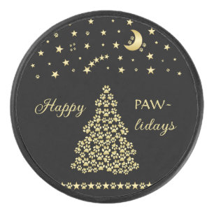 Disco De Hockey Felices Pawlidays, árbol de navidad Gold brillante