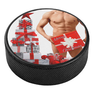 Disco De Hockey Feliz Navidad SlipperyJoe regalo rojo blanco plata