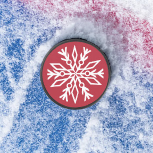 Disco De Hockey Fiesta Navideña Rojo Rubí con Copos de Nieve Blanc