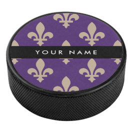 Disco De Hockey Fleur de Lis, Beige sobre Púrpura, Real, Tu Nombre