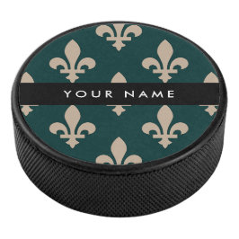 Disco De Hockey Fleur de Lis, beige sobre verde, real, tu nombre