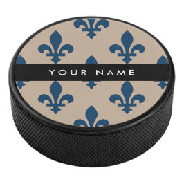 Disco De Hockey Fleur de Lis, Navy Blue on Beige, Royal, Your Name