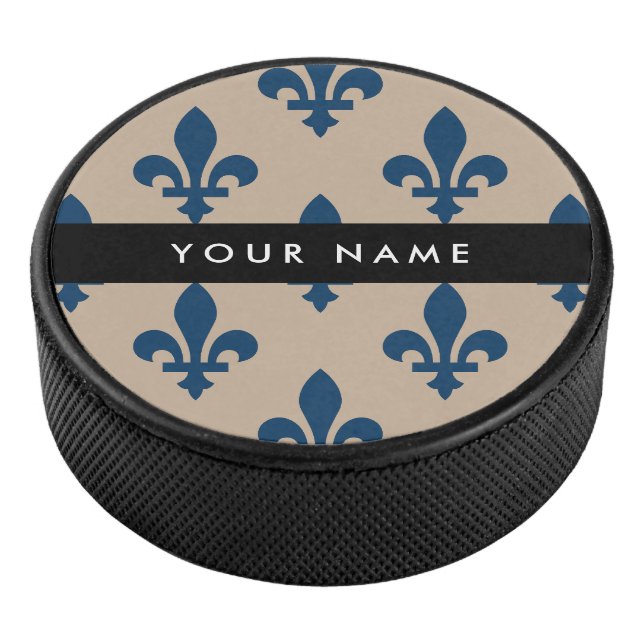 Disco De Hockey Fleur de Lis, Navy Blue on Beige, Royal, Your Name (3/4)