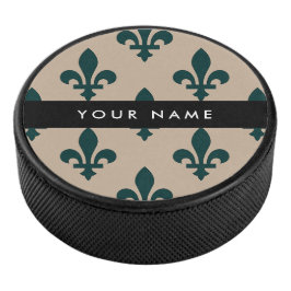 Disco De Hockey Fleur de Lis, Verde sobre Beige, Real, Tu Nombre